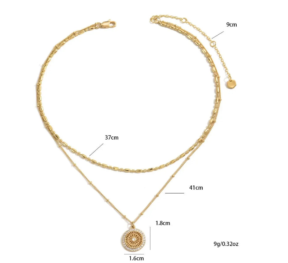 Layered Gold Chain Necklace with Crystal Medal Pendant – Minimal Chic
