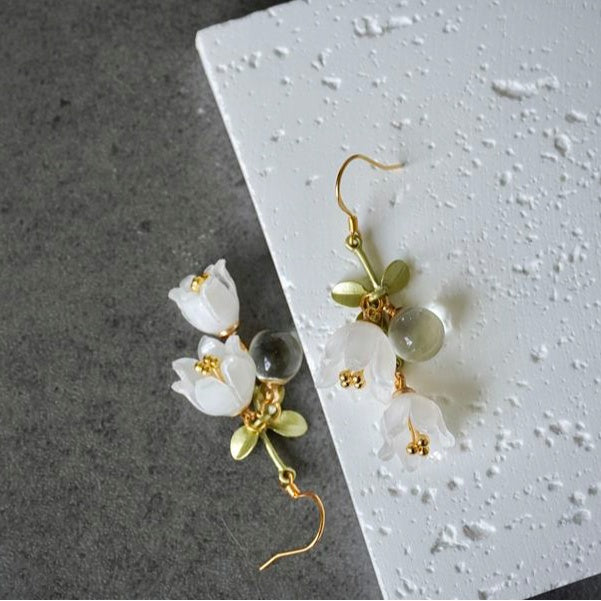 Dew Lily Handmade 925 Sterling Silver Floral Drop Earrings – Elegant Botanical Design