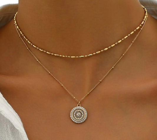 Gold necklace with a circular pendant on a person's neck