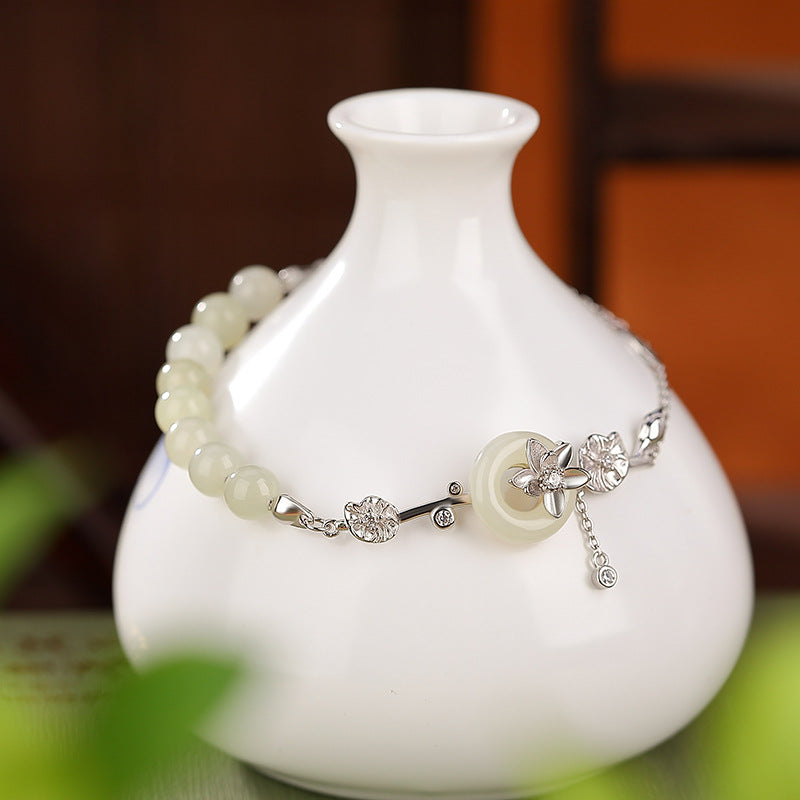 S925 Hetian-Style Jade Peace Bracelet — Gentle Lotus Glow
