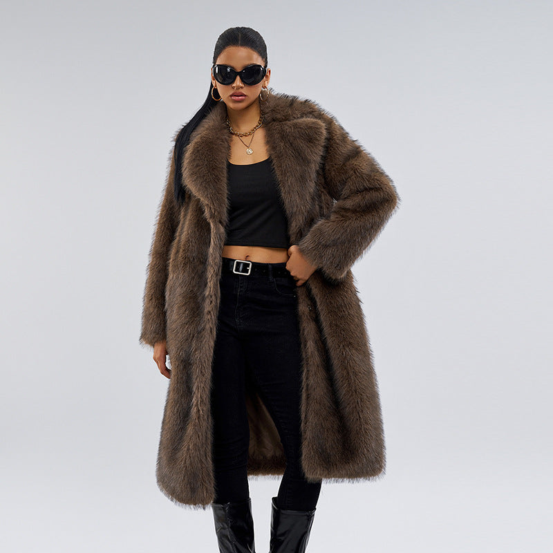 Long Faux Fur Overcoat – Elegant Brown Winter Coat