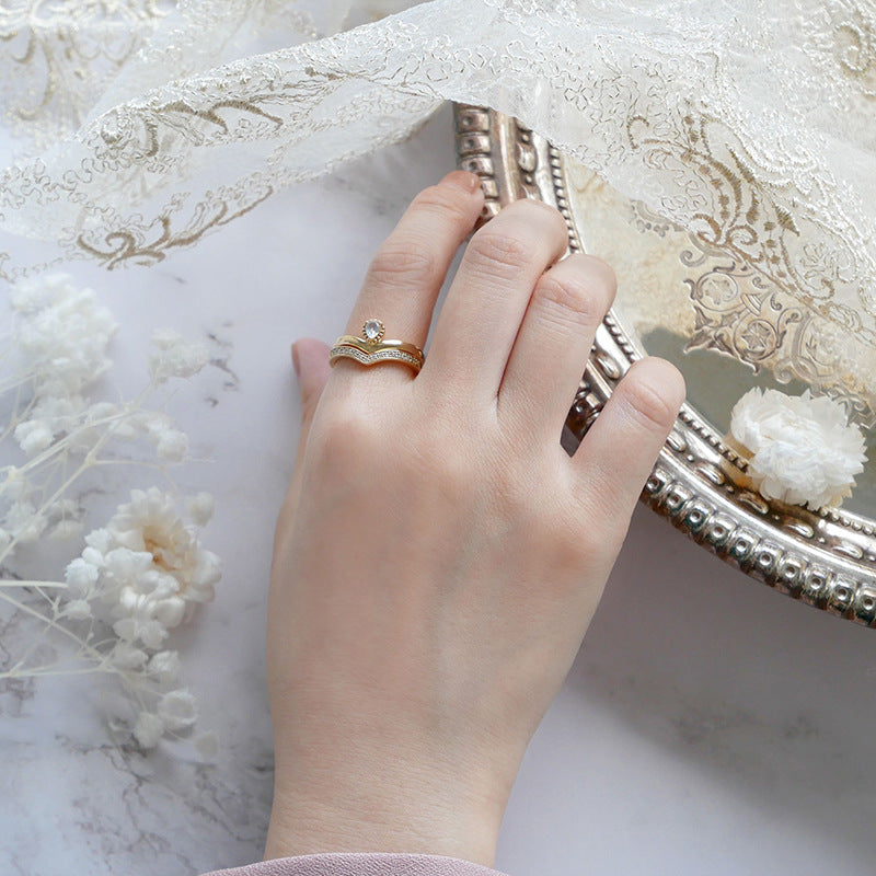 S925 Silver Plated 14K Gold Moonstone V-Shaped Ring – Delicate Zircon Drop Design