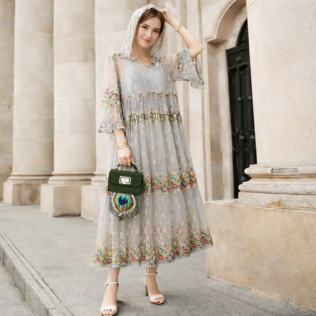 Woman in a floral dress holding a green handbag with peacock feather design, standing in front of classical architecture.