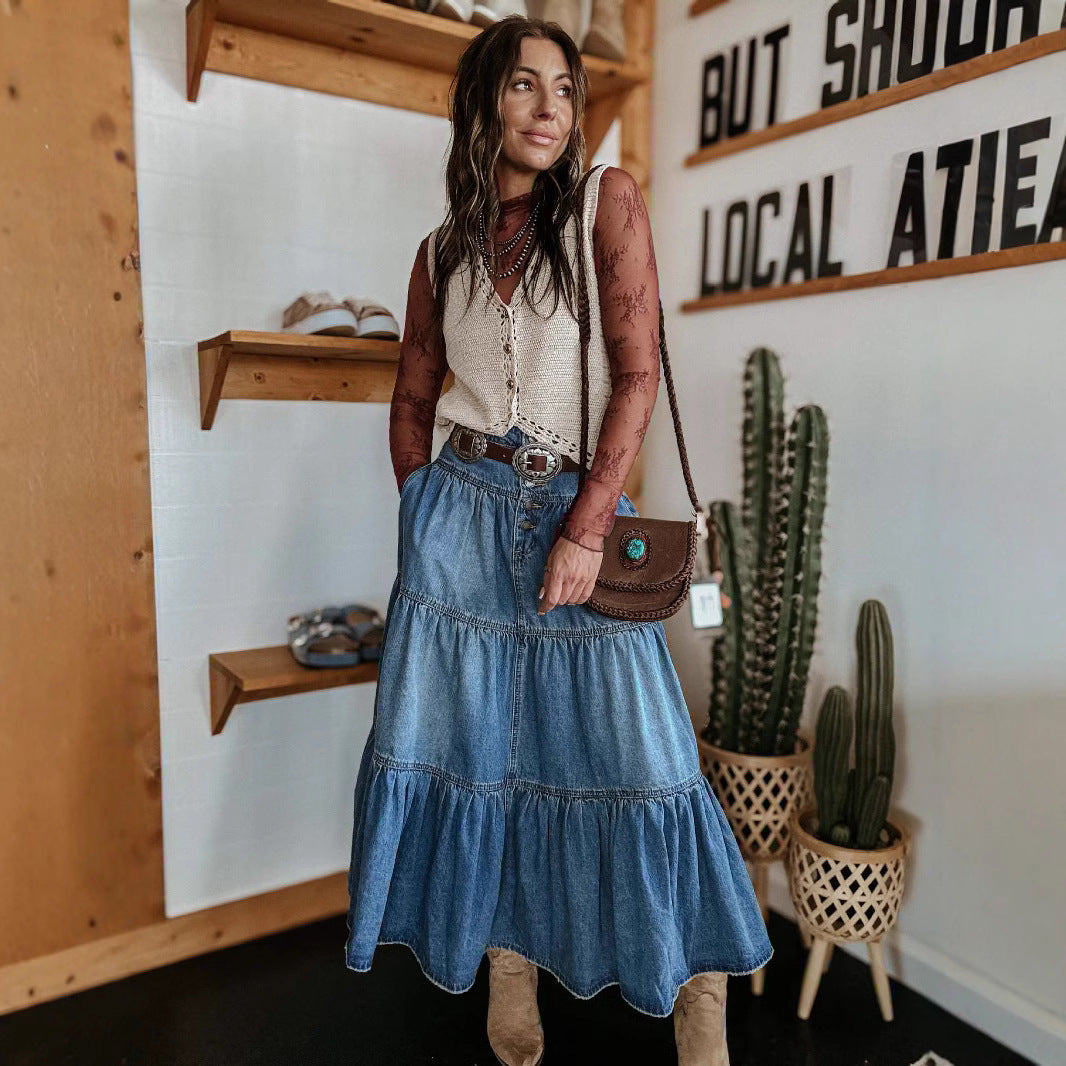 Soft Boho Tiered Denim Midi Skirt