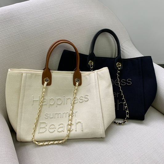 Nalani Luxe Canvas & Leather Pearl Chain Tote Bag
