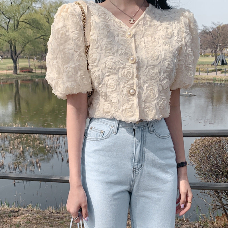 Rose Detail Puff Sleeve Blouse – Soft Romantic V-Neck Top