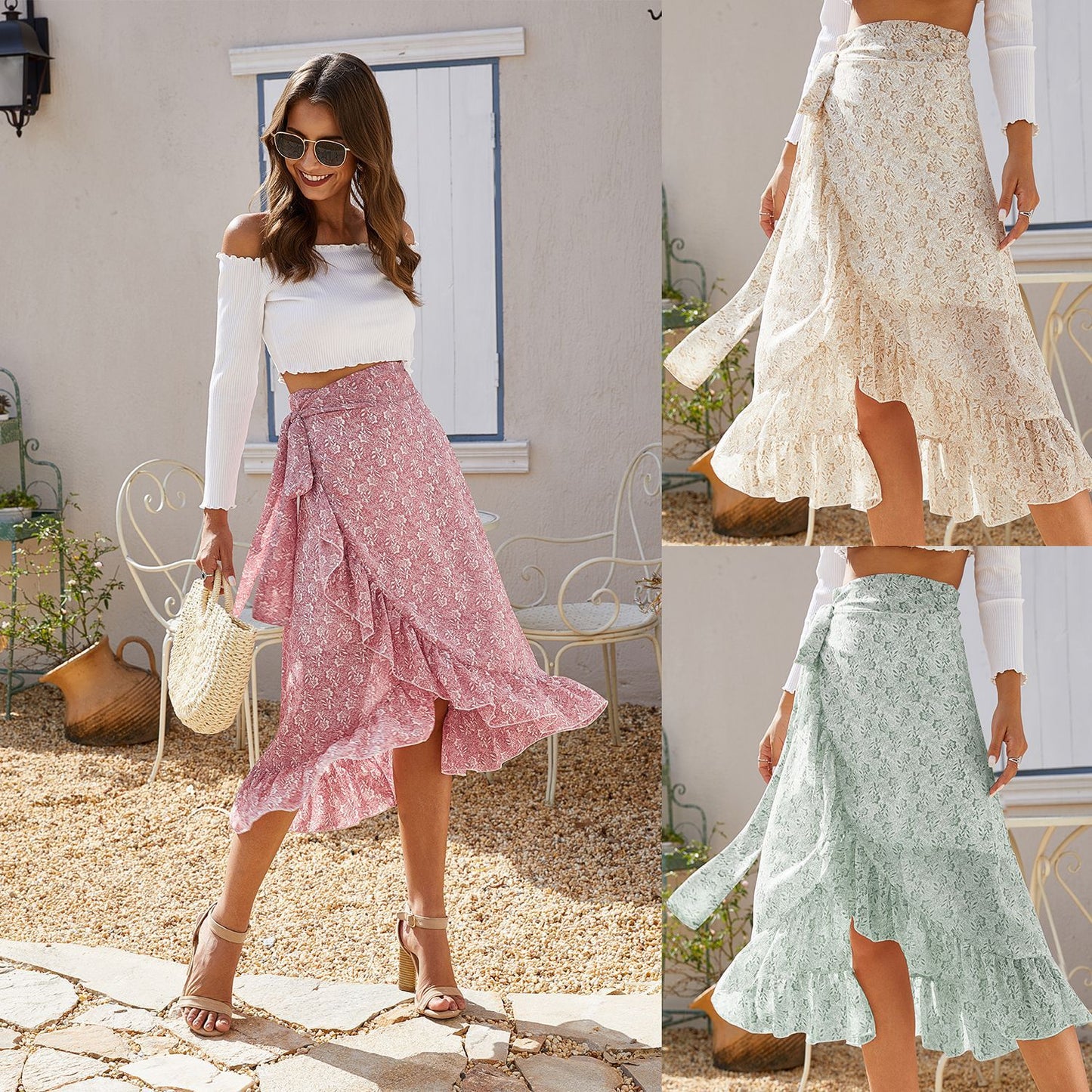 Golden Tides Floral Chiffon Wrap Skirt
