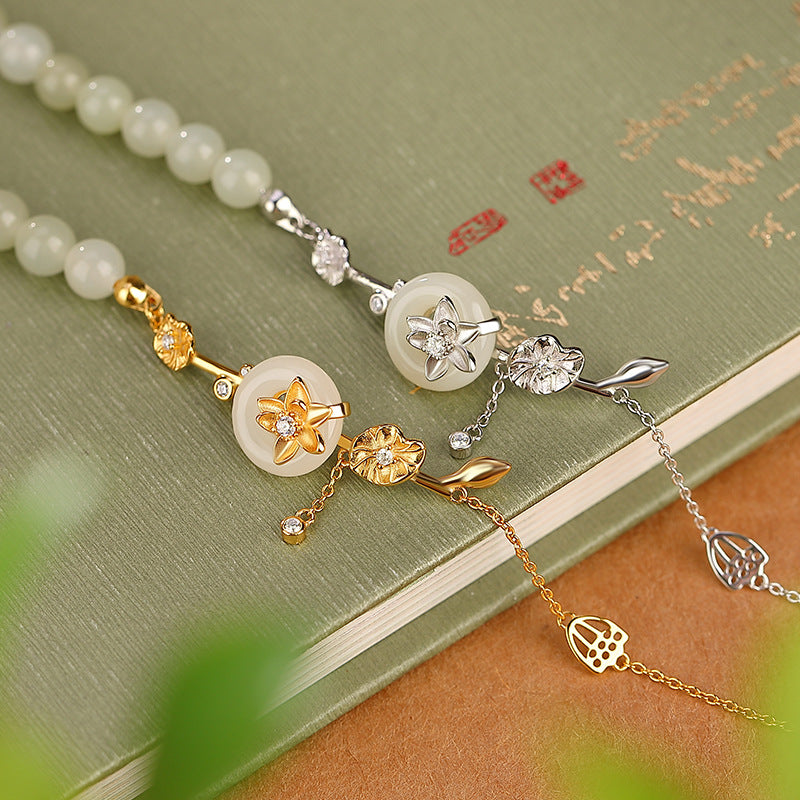 S925 Hetian-Style Jade Peace Bracelet — Gentle Lotus Glow