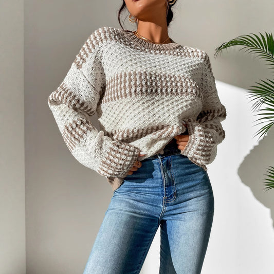 Striped Cozy Knit Sweater – Loose-Fit Round Neck Pullover with Contrast Detail