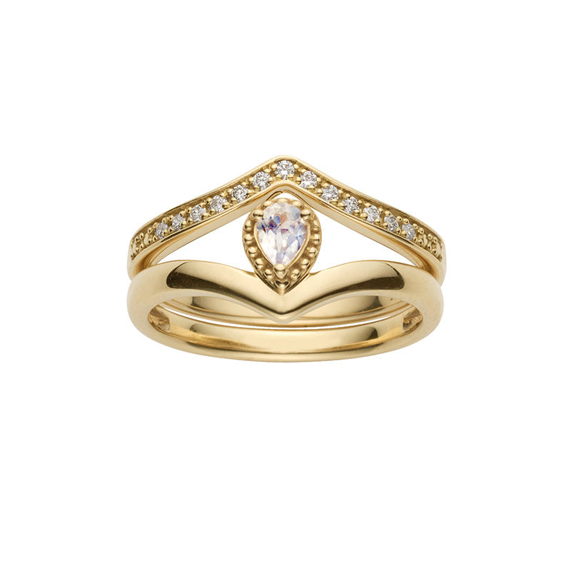 S925 Silver Plated 14K Gold Moonstone V-Shaped Ring – Delicate Zircon Drop Design
