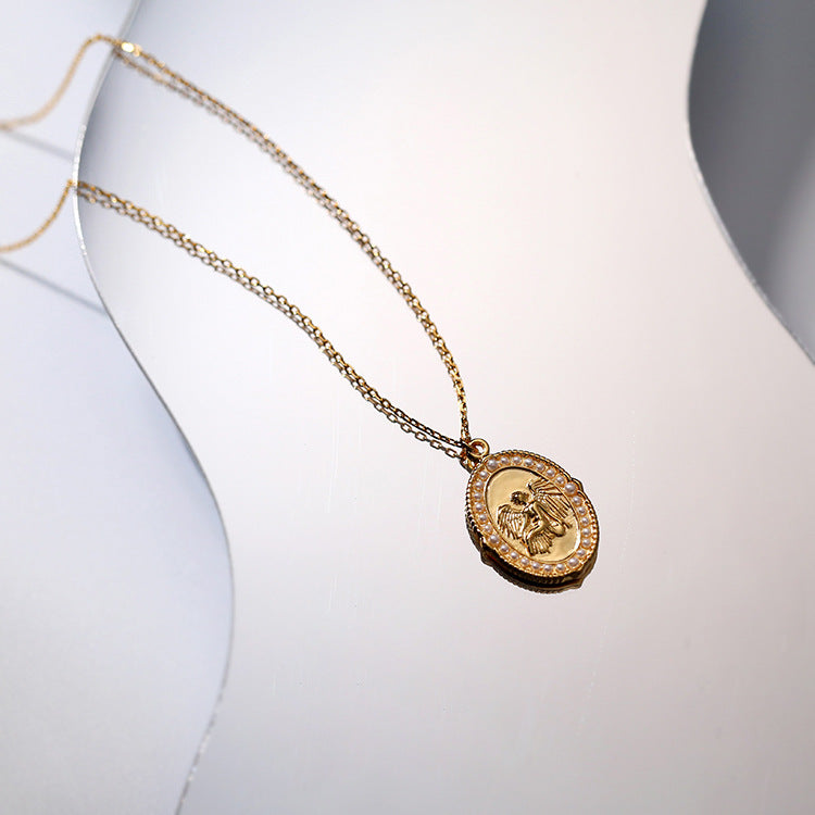Vintage Angel Medallion Necklace – 925 Silver Pendant on Gold O-Chain