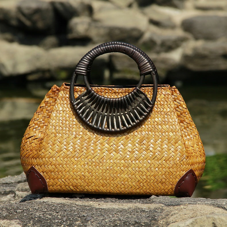 Golden Tides Woven Rattan Summer Handbag