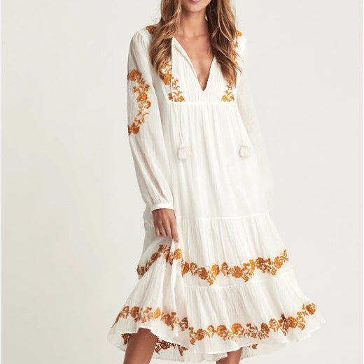 White Embroidered Cotton V-Neck Midi Dress