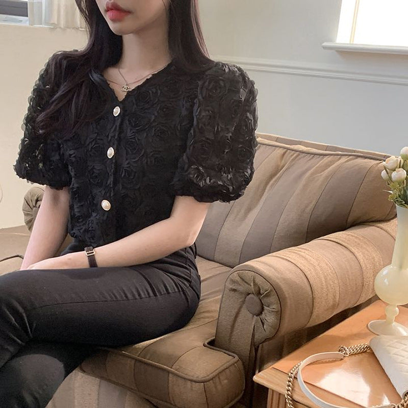 Rose Detail Puff Sleeve Blouse – Soft Romantic V-Neck Top