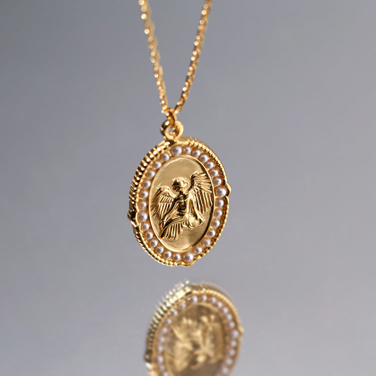 Vintage Angel Medallion Necklace – 925 Silver Pendant on Gold O-Chain