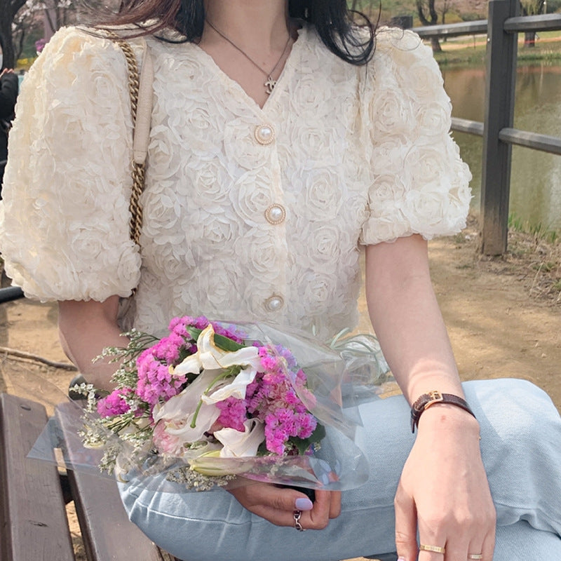 Rose Detail Puff Sleeve Blouse – Soft Romantic V-Neck Top