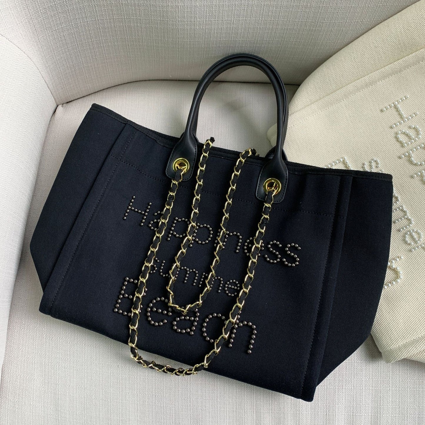 Nalani Luxe Canvas & Leather Pearl Chain Tote Bag