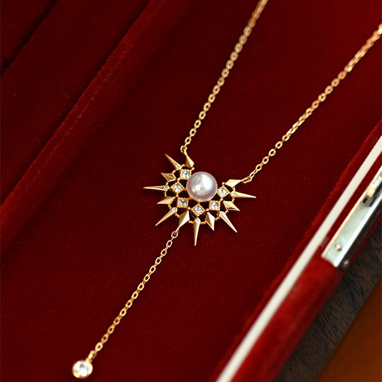 S925 Sterling Silver Freshwater Pearl Sunburst Necklace – Elegant Radiant Pendant