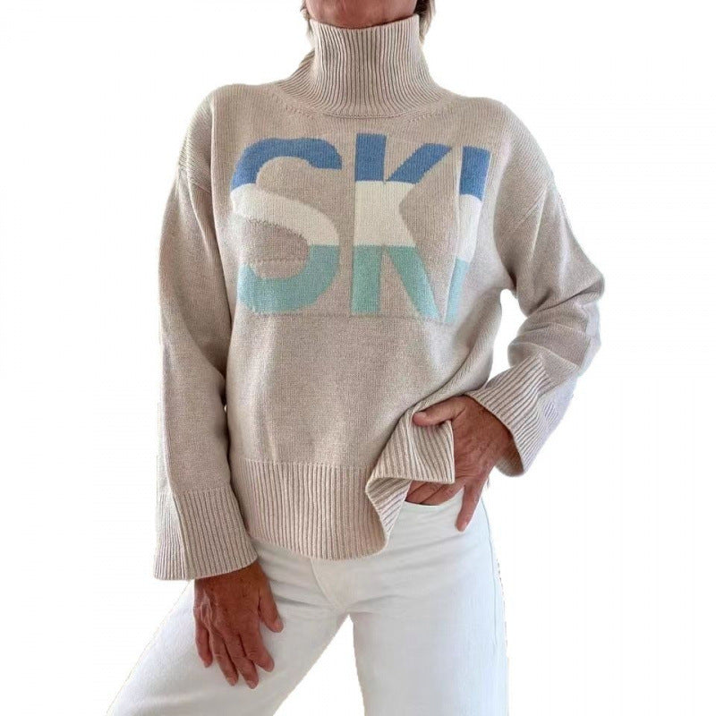 Cozy Turtleneck Knit Sweater with Letter Print – Loose Fit