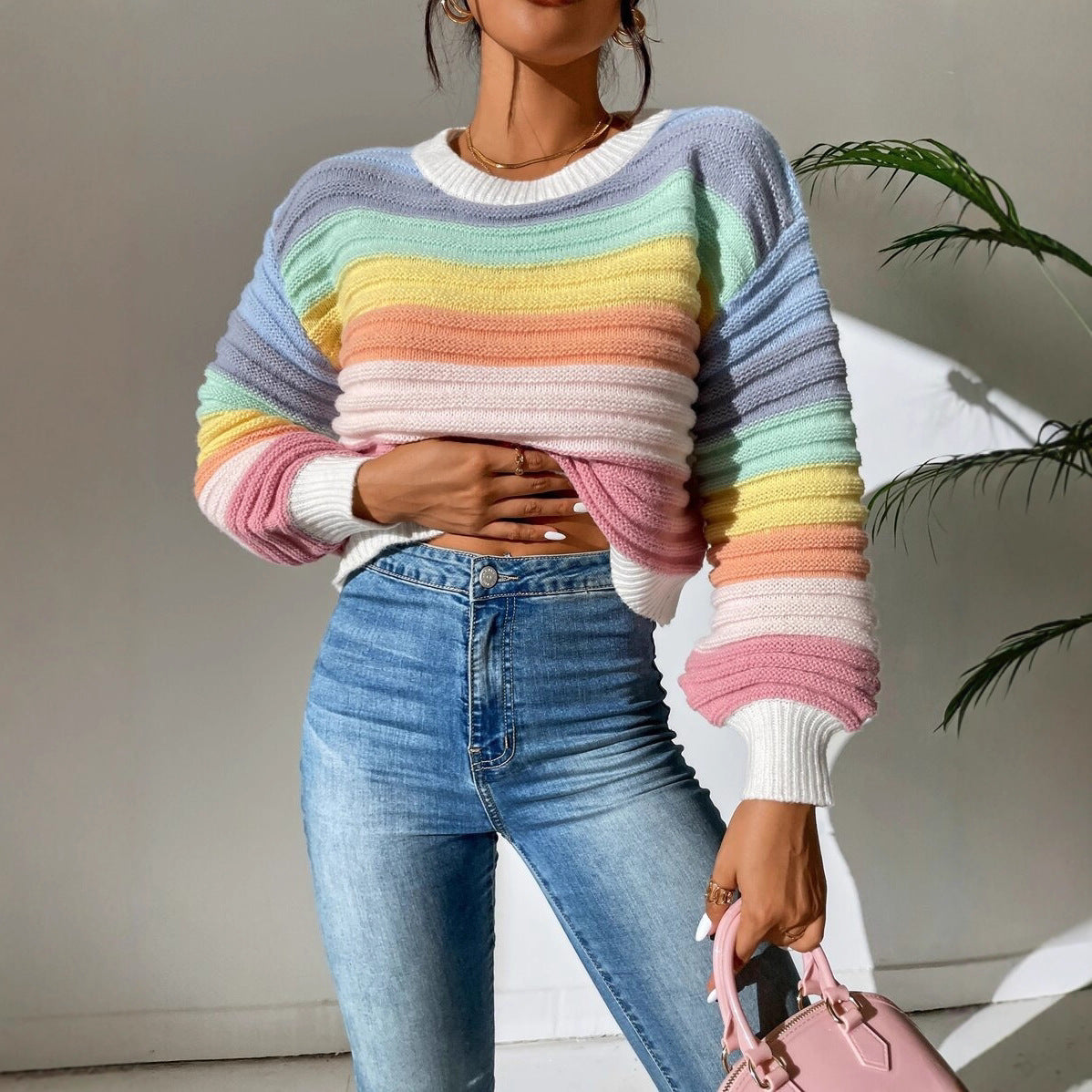 Striped Rainbow Knit Sweater – Soft Lantern Sleeve Cozy-Fit Pullover