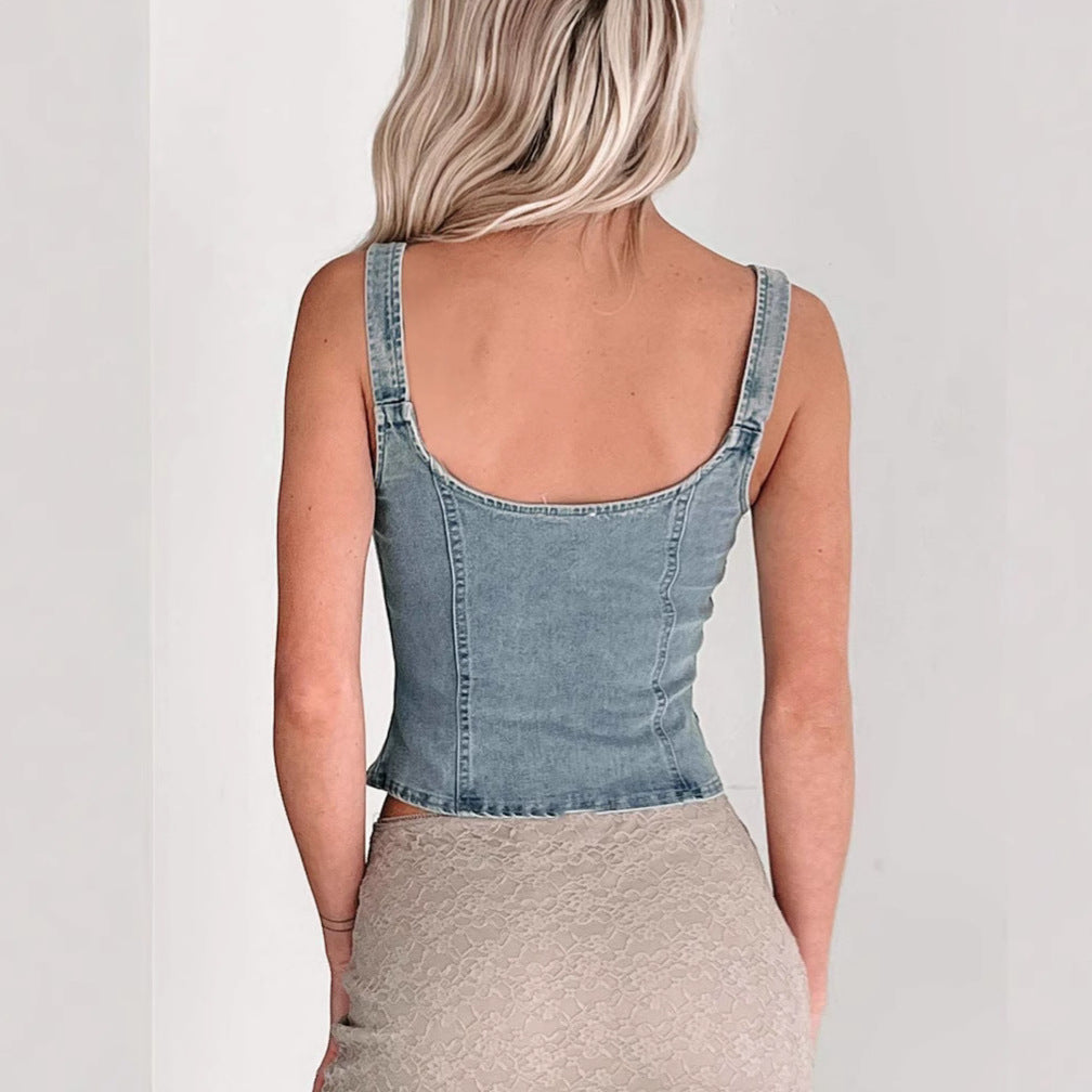 Denim Zip-Up Tank Top – Slim Fit Sleeveless Street Style