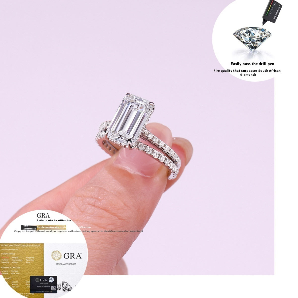 Diamond ring on a hand with 'GRA' certification label, on a light purple background