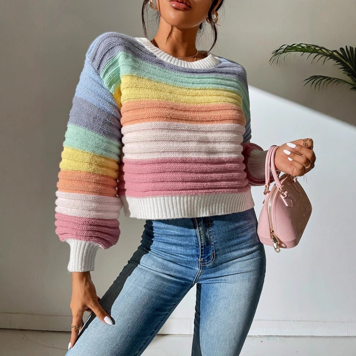 Striped Rainbow Knit Sweater – Soft Lantern Sleeve Cozy-Fit Pullover