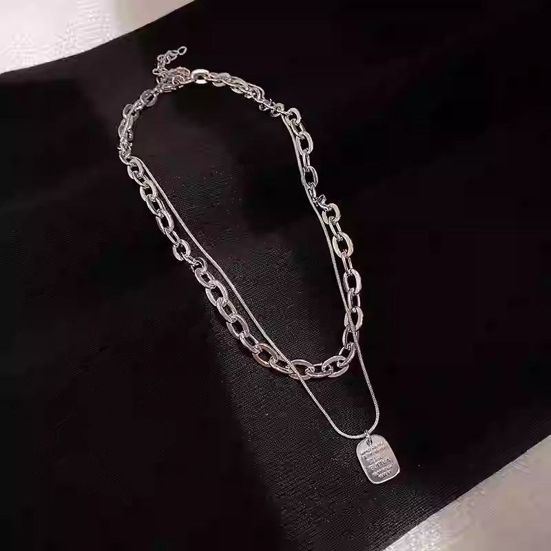 Layered Letter Tag Pendant Necklace – Modern Double Chain Design
