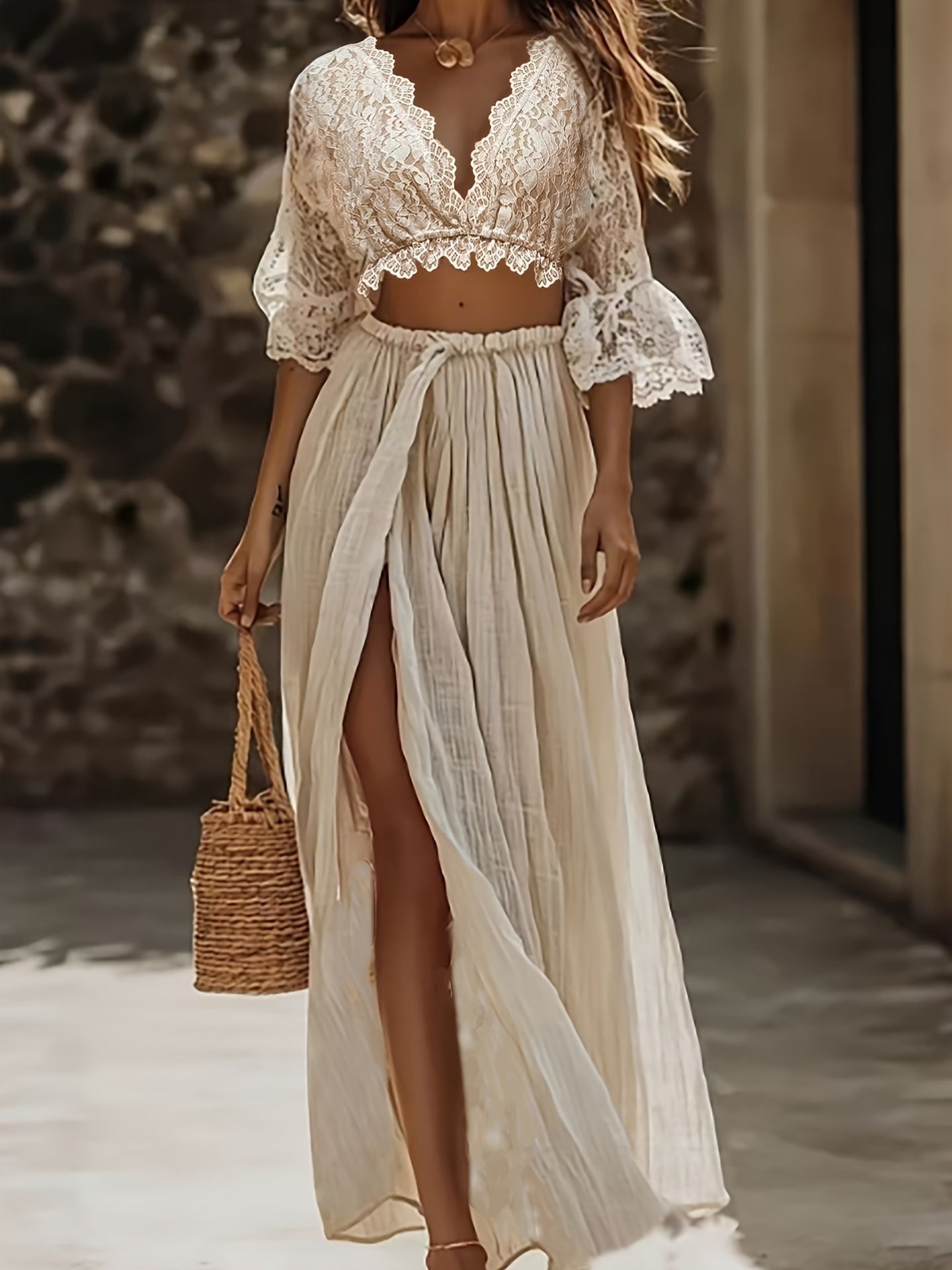 Apricot Lace Boho Two-Piece Skirt Set – Beach Vacation Outfit