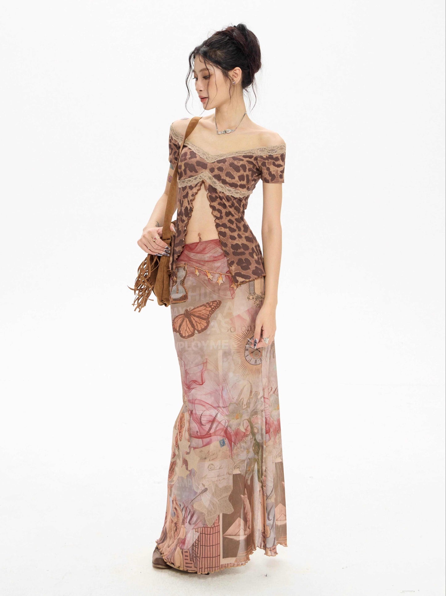 Soft Drift Printed Fishtail Midi Skirt