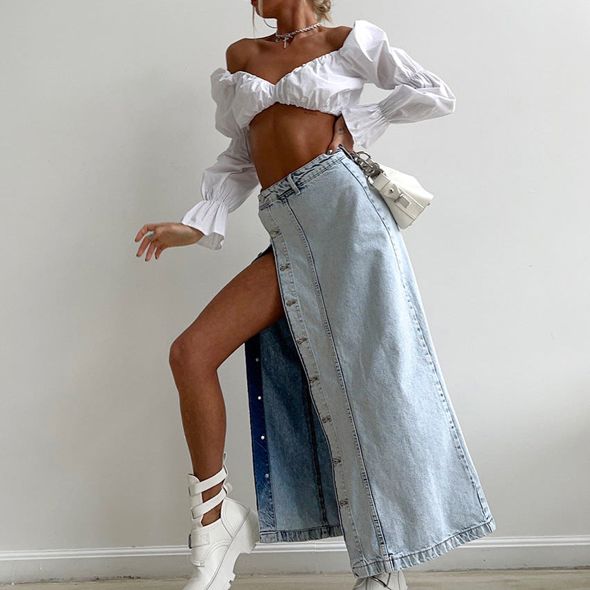 Retro Washed Denim A-Line Maxi Skirt