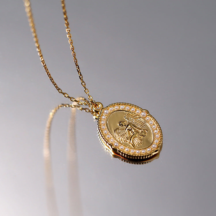 Vintage Angel Medallion Necklace – 925 Silver Pendant on Gold O-Chain