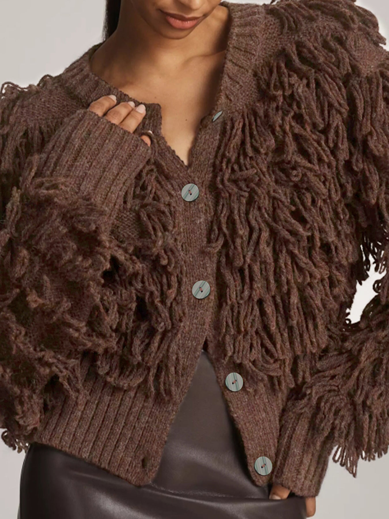 Textured Fringe Knit Cardigan – Statement Loop-Detail Sweater in Soft Brown