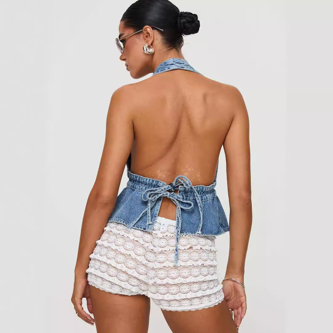 Denim Halter Lace-Up Top – Open Back Statement Piece