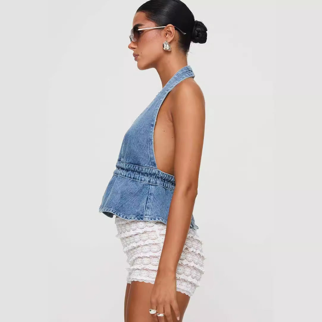 Denim Halter Lace-Up Top – Open Back Statement Piece