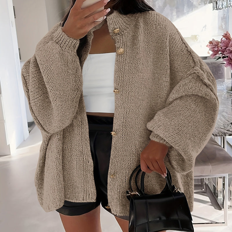 Cozy High Neck Knit Cardigan – Soft Fit with Cuffed Sleeves