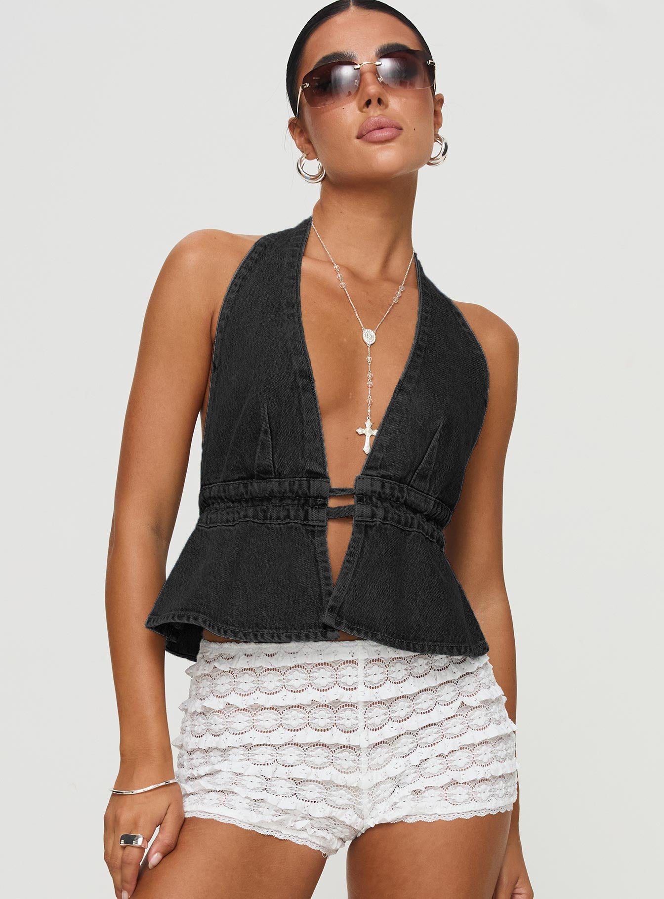 Denim Halter Lace-Up Top – Open Back Statement Piece