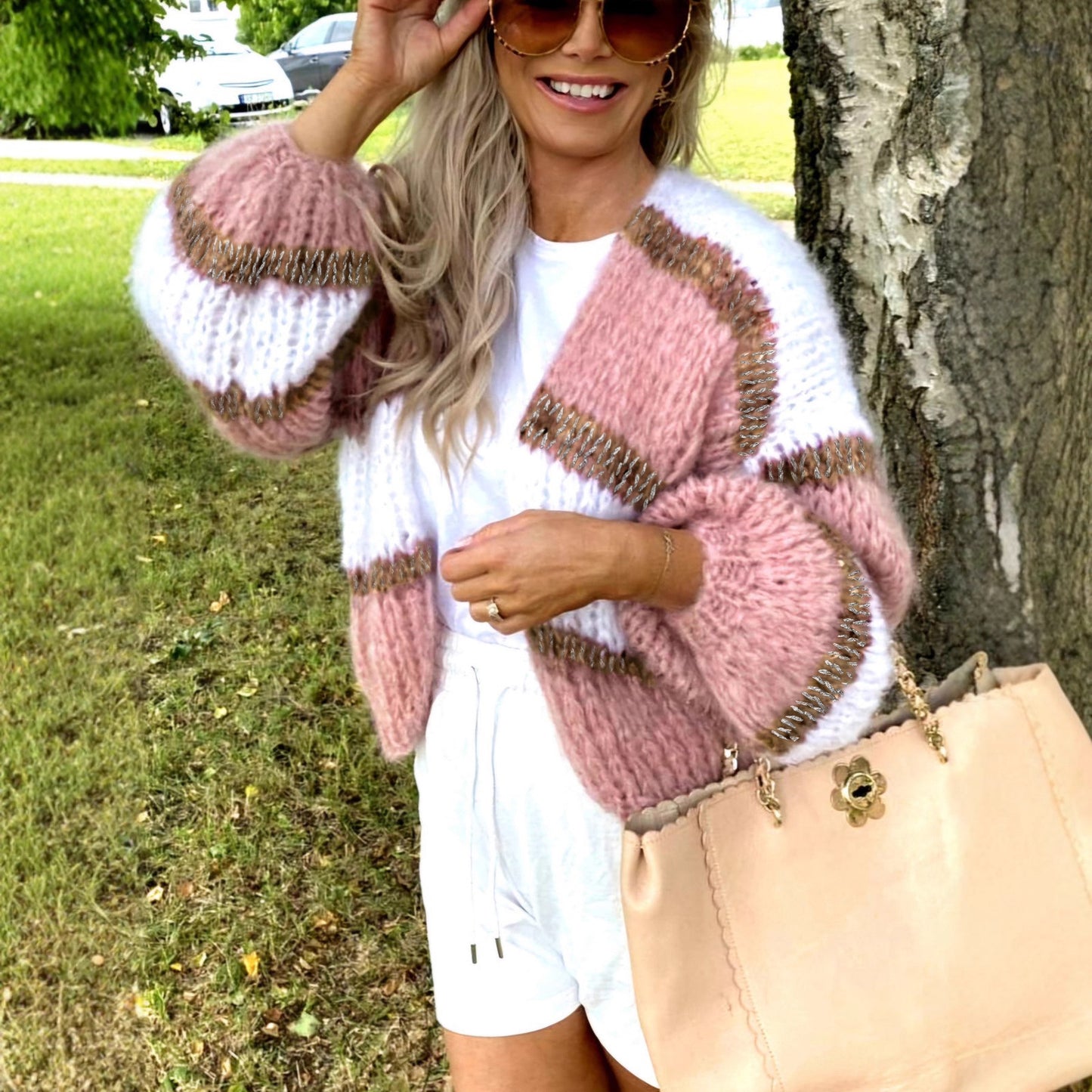 Striped Color-Block Knit Cardigan – Soft Pink Lantern-Sleeve Layer