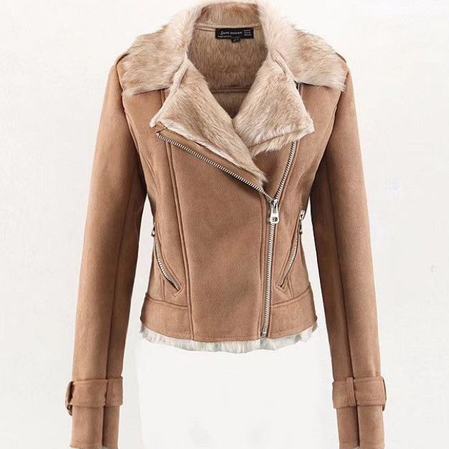 Brown leather jacket with fur collar on a white background