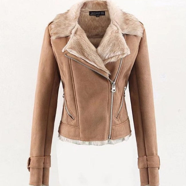 Brown leather jacket with fur collar on a white background