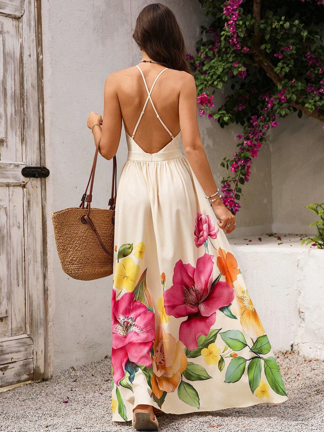 Floral Deep V Backless Maxi Dress