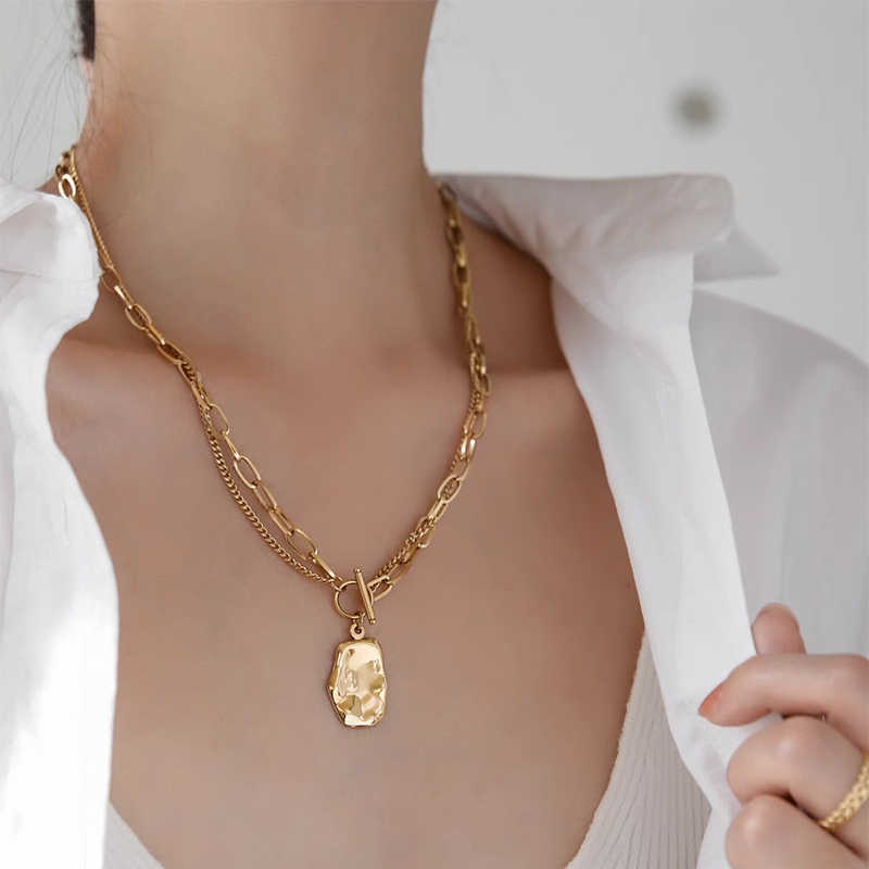 Gold Oval Pendant Double-Layer OT Buckle Necklace – Chic Layered Design