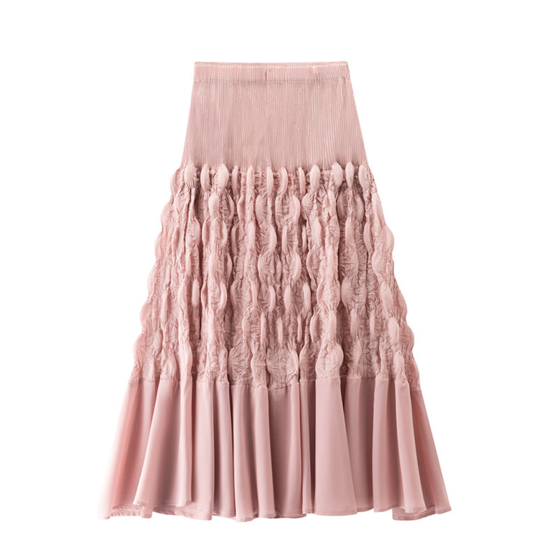 Pink skirt with textured layers on a white background