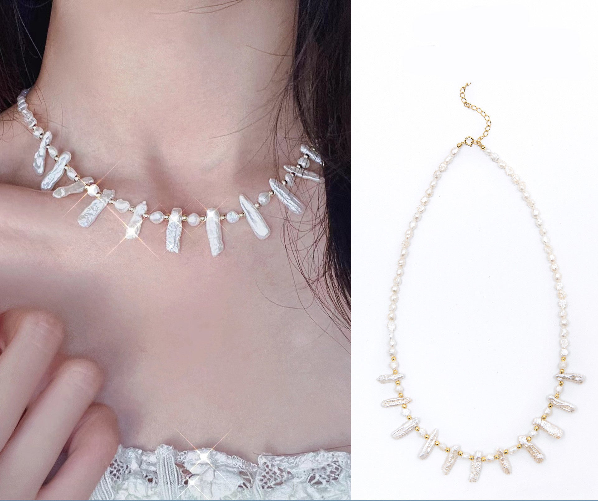 Pearl necklace worn by a person with a close-up on the necklace on the right.