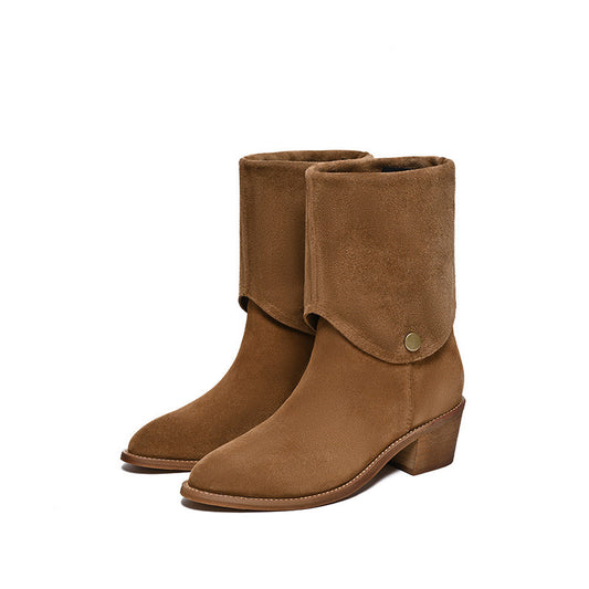 Pair of brown suede boots on a white background
