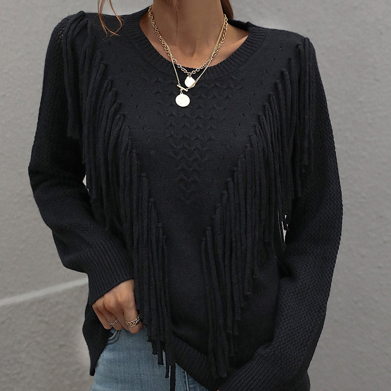 Cozy Fringe Tassel Knit Sweater – Effortless Fall Style with a Playful Boho Touch