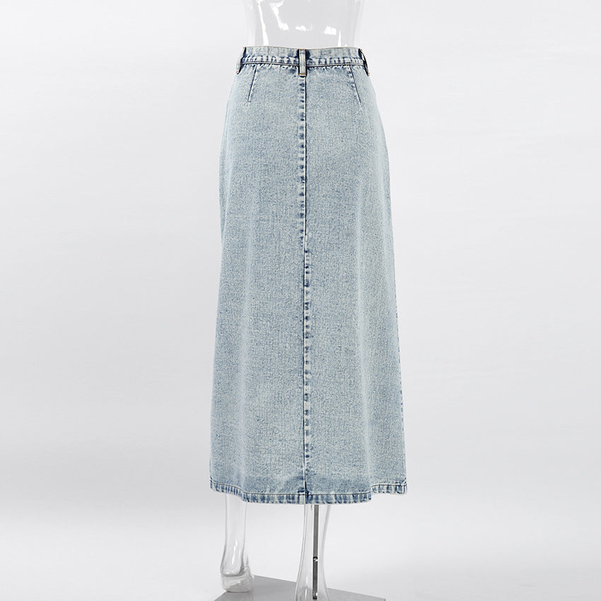 Retro Washed Denim A-Line Maxi Skirt
