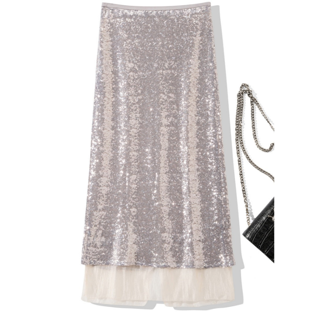 Soft Silver Sequin Midi Skirt with Back Slit
