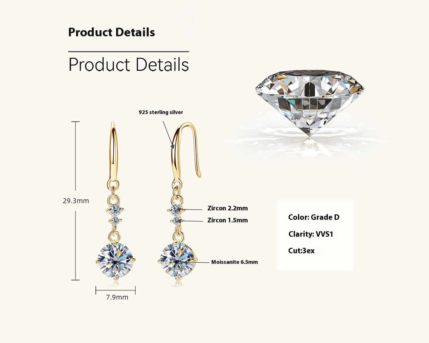 Gold earrings with zirconia stones and product details on a white background