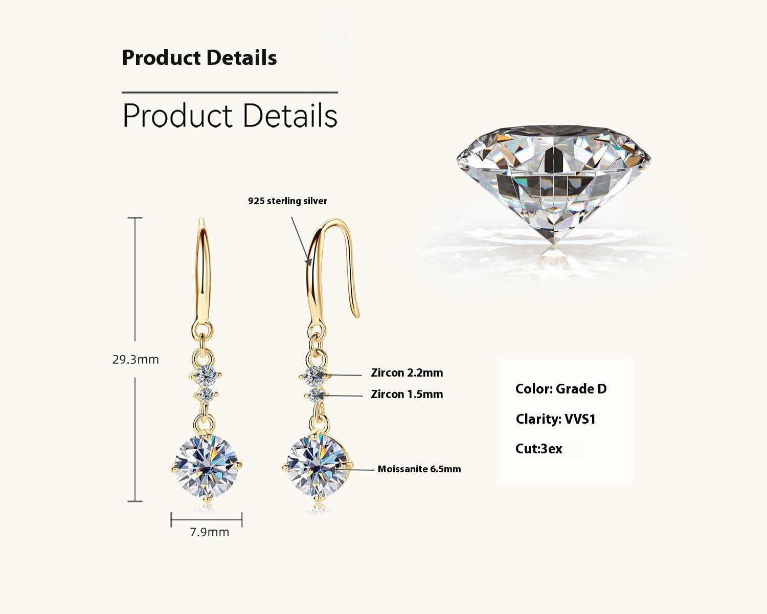 Gold earrings with zirconia stones and product details on a white background